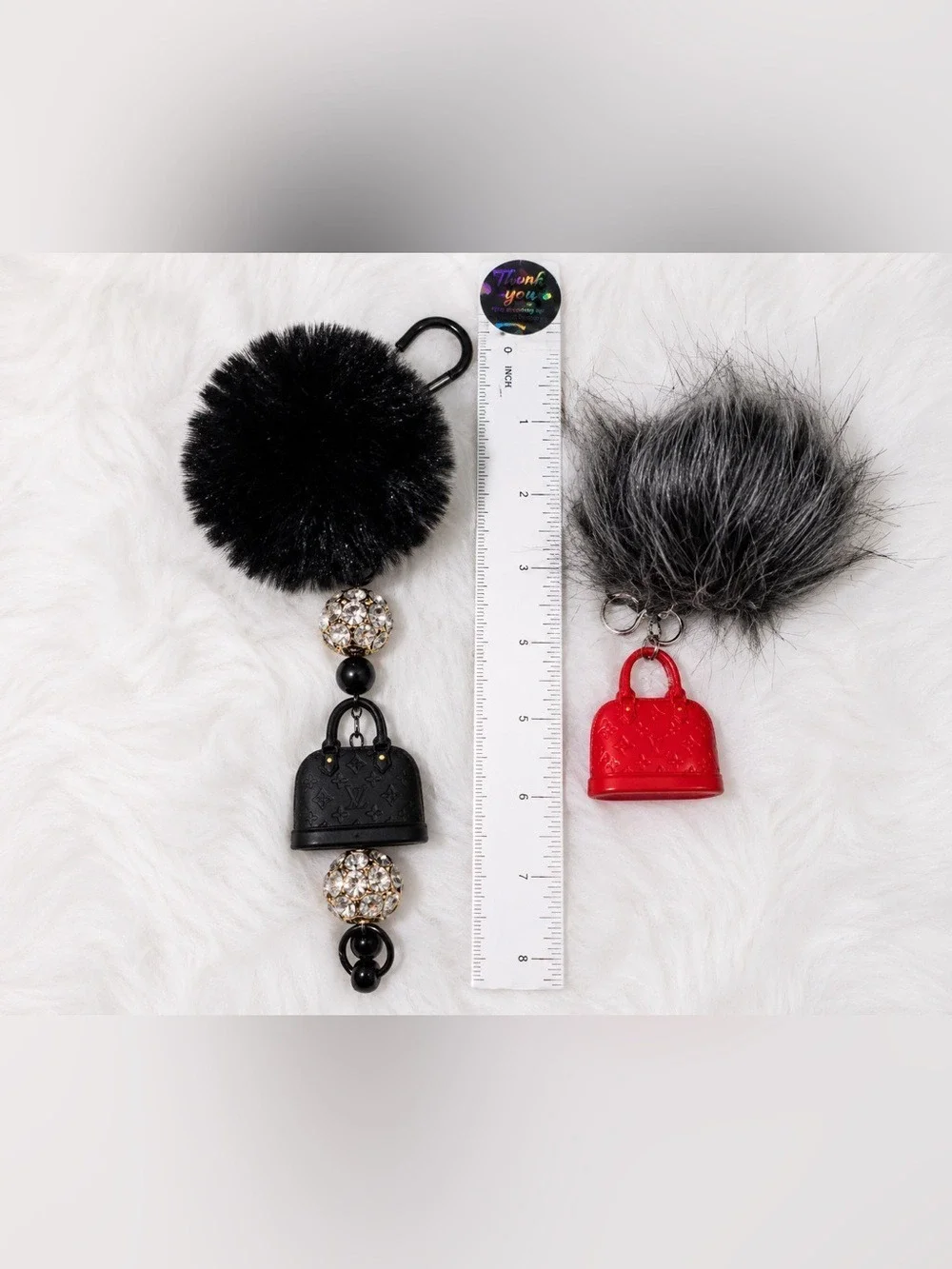 Luxury Inspired Faux Fur Pom Pom Bag Charm Keychain Purse Charm Black Red